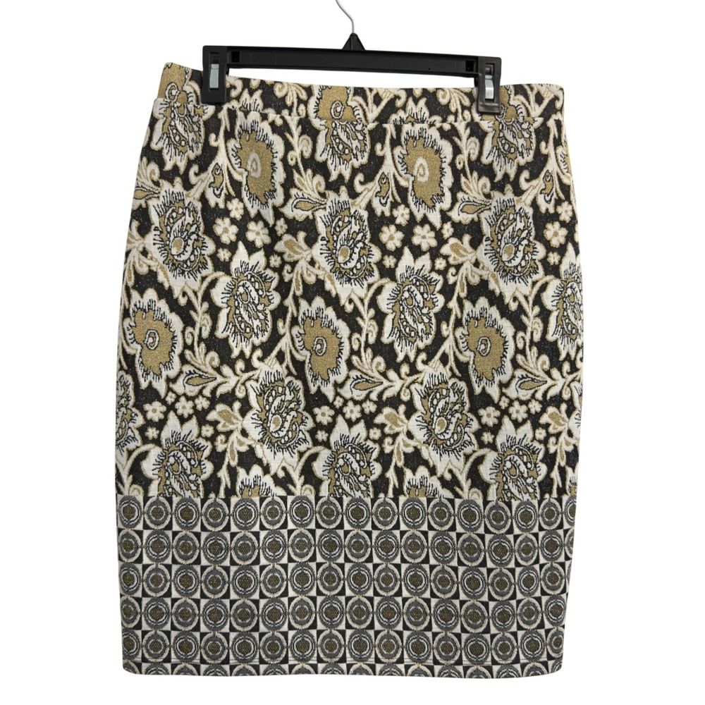 Melissa Paige Womens Gold Metallic Floral Geometric Knit Pencil Skirt Size M‎